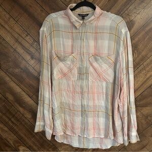 Express Women Button Down Shirt L Neutral Plaid Lightweight Top